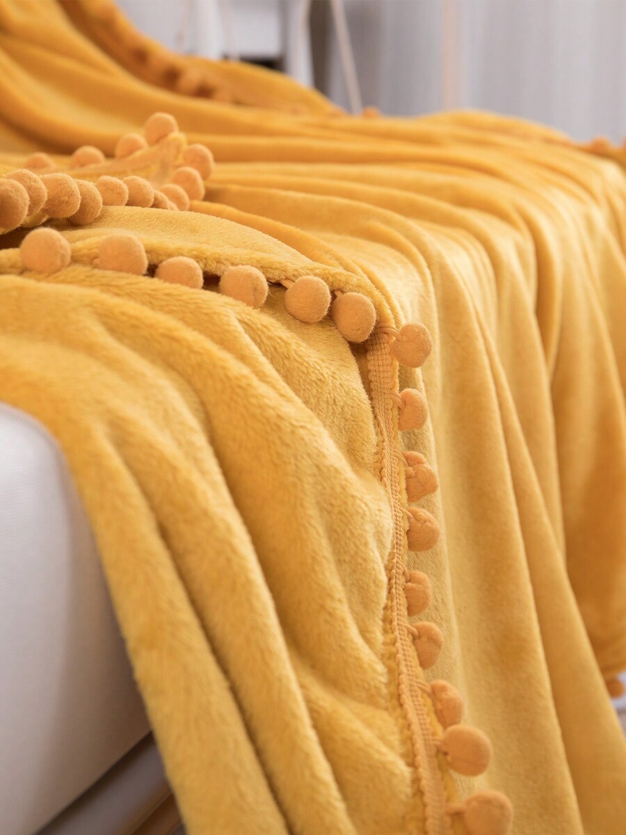 1pc PomPom Tassel Edging Solid Color Throw Blanket, Suitable For Home
