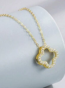 1pc 925 Sterling Silver Hollow 4-Leaf Flower Pendant Necklace, Elegant Jewelry Gift For Girlfriend, Best Friend