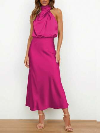 缎面高领无袖优雅晚礼服、派对礼服、鸡尾酒会礼服