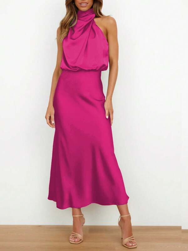 Satin High Collar Sleeveless Elegant Evening Dress,Party Dress,Cocktail