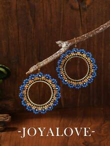 Joyalove 1 Cặp bông tai ngọc trai nhân tạo đính hạt phong cách Bohemian thủ công, bông tai dạng vòng, bông tai thanh lịch dễ thương dành cho phụ nữ, thích hợp để đeo hàng ngày và đi nghỉ - Màu xanh lam - Xem 2