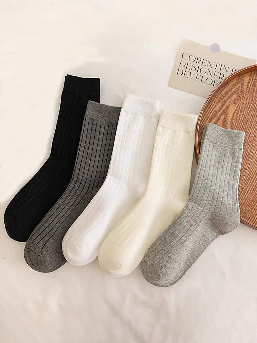 5 双女式春秋纯色黑白灰色中筒袜，防臭吸汗经典条纹图案中筒袜 - 彩色 - 查看 1