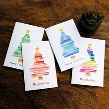 4 件装水彩圣诞树圣诞贺卡带信封，手工制作圣诞祝福明信片 - 彩色 - 查看 10