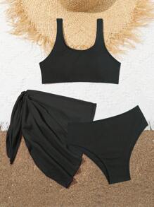 2024 Tween Girl Snakeskin Print Solid Color Swimwear 3-Piece Set