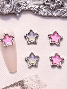 5 件装奢华合金星星指甲饰物 3D 金属边缘摩卡极光色星星指甲首饰装饰 DIY 粉色/白色水晶星星美甲配件 - 彩色 - 查看 1