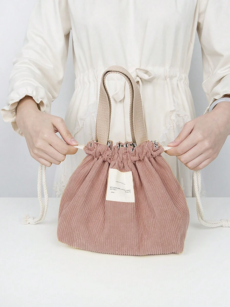 1 chiếc túi đựng cơm trưa kiểu dáng tối giản, chất liệu nhung kẻ, có dây rút, dung tích lớn, đa chức năng, xách tay, có tay cầm, thích hợp cho hoạt động ngoài trời và văn phòng, dành cho nam và nữ, đồ dùng thiết yếu cho sinh viên, hộp đựng cơm trưa, túi đựng cơm trưa cho nữ sinh, giáo viên, túi dã ngoại, túi du lịch, cắm trại, túi giữ lạnh, túi đựng đồ ăn trong lớp học. - Hồng - Xem 1