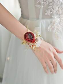 6 件套优雅玫瑰花配金叶，高端腕花组合适合婚礼装饰、正式派对、周年纪念 - A - 查看 3