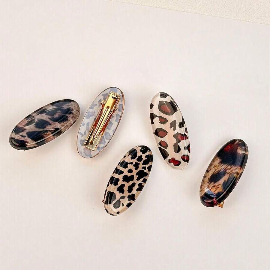 5 件/套豹纹椭圆夹，个性化百搭鳄鱼发夹刘海夹发饰，高端质感，适合日常使用 - 彩色 - 查看 1
