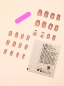 24 móng tay giả vuông ngắn, màu nude trong suốt với thiết kế nơ ren 3D, thích hợp cho bé gái/phụ nữ dự tiệc, ngày lễ, làm quà tặng hoặc mặc đi làm hàng ngày, tặng kèm 1 dũa móng tay và 1 keo dán hai mặt - Màu be - Xem 3