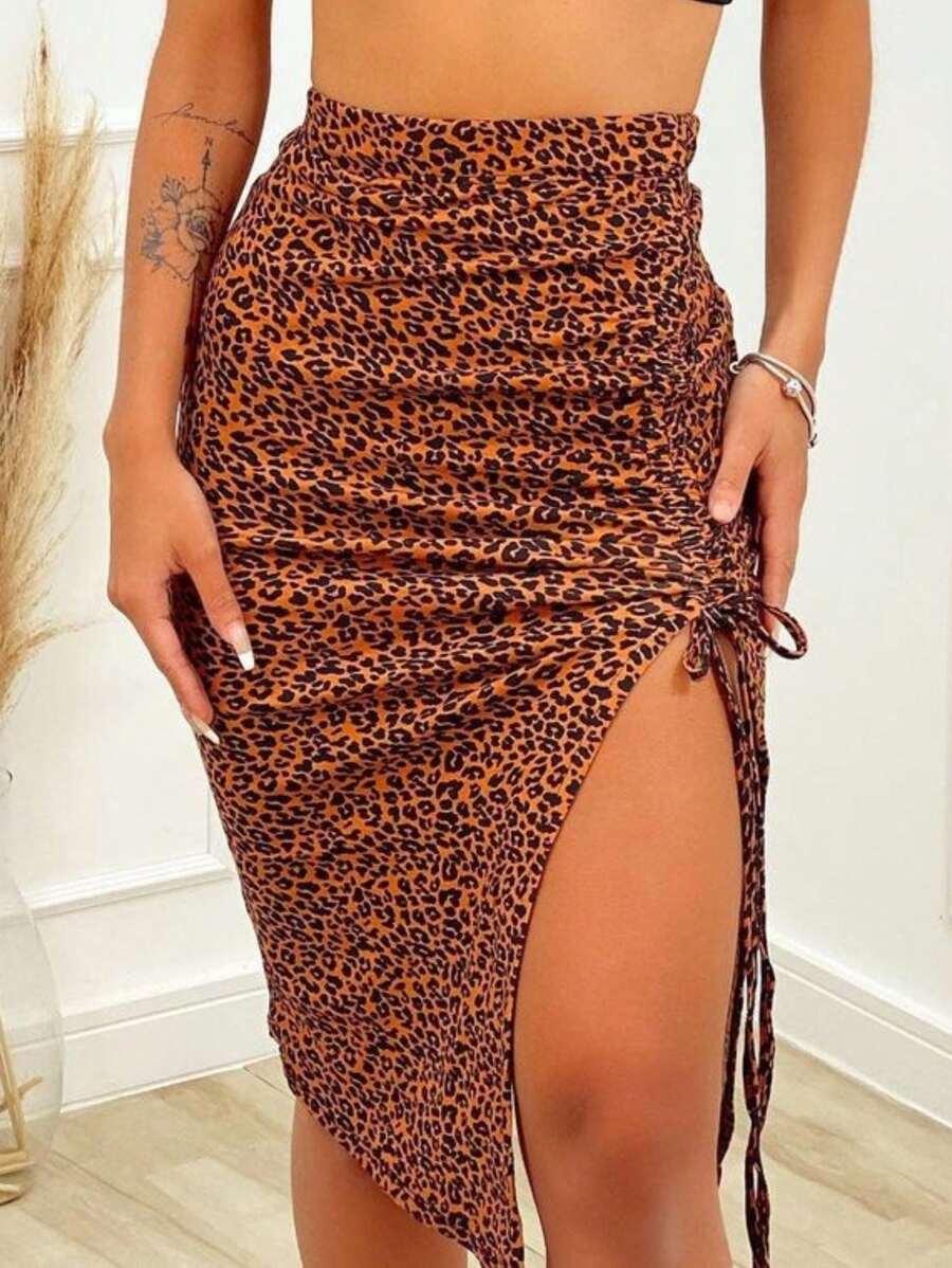 Midi Skirt With Slit And Gathered Side Pull - Multicolor - View 1