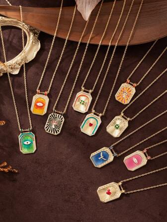 1Pc Art Retro Wind Drip Oil Square Brand Necklace With Colorful Sun, Moon, Eight Star, Love, Love Clover, Mushroom, Planet Desert Pendant Necklace, Copper, Electroplated 18K Genuine Gold Color Preserving, Suitable For Daily Wearing Valentines