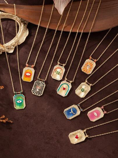 1Pc Art Retro Wind Drip Oil Square Brand Necklace With Colorful Sun, Moon, Eight Star, Love, Love Clover, Mushroom, Planet Desert Pendant Necklace, Copper, Electroplated 18K Genuine Gold Color Preserving, Suitable For Daily Wearing Valentines