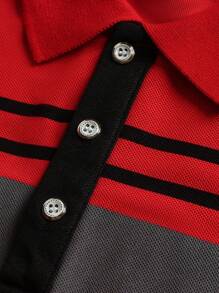 1 pièce Chemise polo à manches longues avec col boutonné, imprimé unicolore, style décontracté, convient pour le printemps et l'automne - Rouge - Voir 3