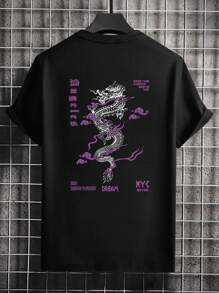 AnChiStreetwear - 大码男士紫色云龙及英文文字印花休闲短袖T恤 - 黑色 - 查看 3