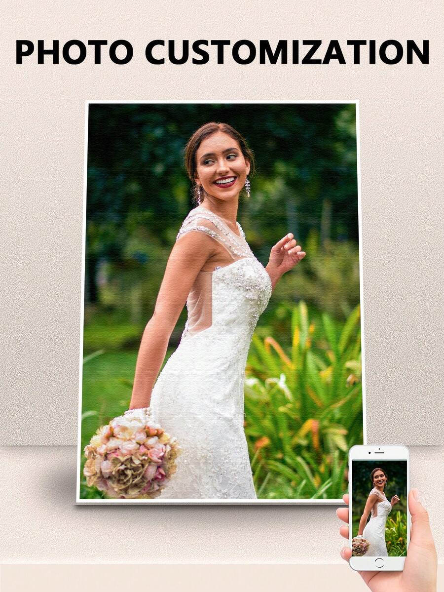 1pc Customized Wedding Marriage Photo Frame Canvas Painting - Personalize Your Photos, Upload Your Image/Photo, Couple, Family, Pet, Friend, Wedding, Anniversary Personalized Canvas Art, Wall Art For Bedroom, Living Room, Hallway, Ideal Gift For Wall Decor, Modern Style, Portrait Orientation, Rectangular Shape Gifts Birthday Graduation