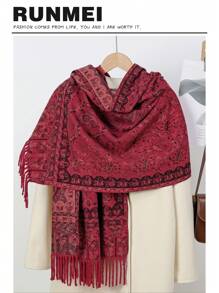 1 件女士厚流苏围巾，两用保暖披肩，异国风情，头巾 - 酒紅色 - 查看 1