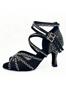 Latin Dance Shoes Black Glitter With Sparkly AB Rhinestones Suede Sole Indoor 7.5cm Heel Dance Sandals - Black - View 6