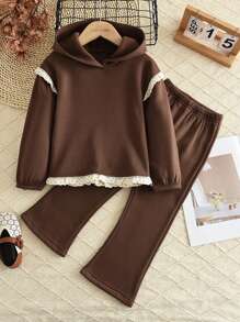 2 pièces/set jeunes filles Sweat-shirt à capuche avec patchwork floral doublé thermique et pantalon, automne/hiver - Marron - Voir 3