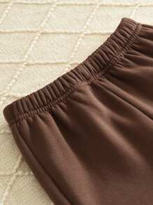 2 pièces/set jeunes filles Sweat-shirt à capuche avec patchwork floral doublé thermique et pantalon, automne/hiver - Marron - Voir 8