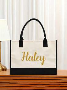 Bolsa de lona personalizada con texto personalizado, bolsa de compras de gran capacidad impermeable y de moda para mujer, bolsa de playa de lona con empalme, bolsa de compras de hombro, bolsa de almacenamiento, regalo, bolso de lona para mujer de gran capacidad, bolsa de viaje - Multicolor - Ver 10