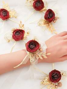 6 件套优雅玫瑰花配金叶，高端腕花组合适合婚礼装饰、正式派对、周年纪念 - A - 查看 2
