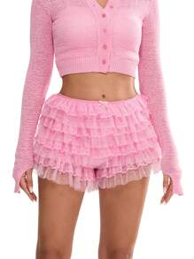 Women Lolita Bloomers Cute Ruffle Shorts Lace Pumpkin Pants Sexy Boyshorts Layered Bottoms Y2k Sweet Kawaii Pettipants - Hồng - Xem 3