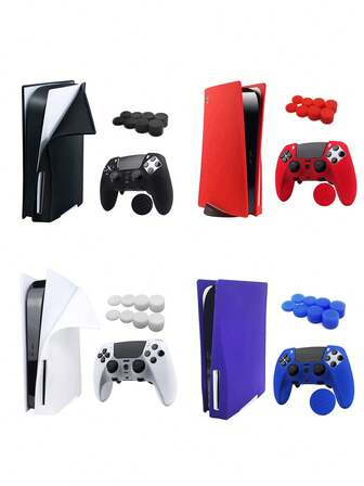 2pcs PlayStation5 Disc Edition Console Silicone Protective Case + 1pc Elite Controller Protective Cover + 8pcs Elite Controller Joystick Cap Set, Dust-Proof, Scratch-Resistant, Waterproof, Shockproof Protection, Enhanced Gaming Experience, Gift Box Packaging