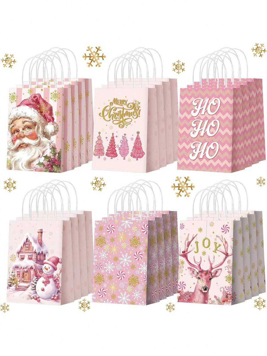 12/24 件带手柄的粉色纸质礼品袋、生日派对礼品袋、圣诞节节日礼物纸质礼品袋、纸杯蛋糕饼干零食包装 - 彩色 - 查看 1