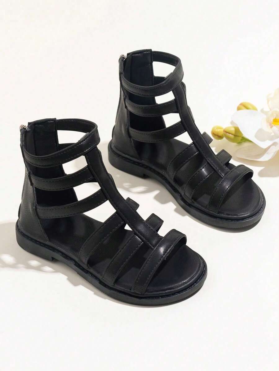 1pair Girls Hollow Out Roman Sandals, Casual Outdoor Flat Roman Sandals, Summer - Black - View 1