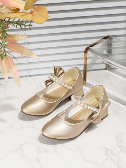 Zapatos de tacón alto elegantes con decoración de lazo para niñas, zapatos de vestir para fiestas y bailes infantiles, para primavera y otoño