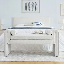 Large Beige Linen Fabric Bedroom Storage Stool With Ample Space - Versatile Seating For Bed End, Living Room, Or Entrance - 50.39 Inches - White - View 3