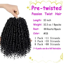 Voorgedraaide Passion Twist Haakhaar 10/14 Inch 1/3/8 Packs Haak Passion Twists, Voorgedraaide Korte Passion Twist Haar Haakvlechten Boheemse Haakhaar, 1B
