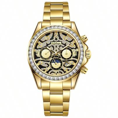Mens Automatic Mechanical Watch Sun/Moon/Stars Sunday Calendar Multi-Function Waterproof Personality Gold Dial Mens Watches Luminous Fashion Male Gift