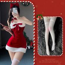 Robe moulante rouge à fines bretelles et col en V minimaliste et sexy, costume de cosplay sexy de Noël pour les streamers en direct et les performances sur scène (79-100 kg)