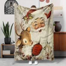 GEL HUT MUN Comfortable Christmas Flannel Blanket - Vintage Santa Claus And Reindeer Design, Soft And Warm, Suitable For Sofa, Bed, Office, All Season Low Allergy Gift Blanket