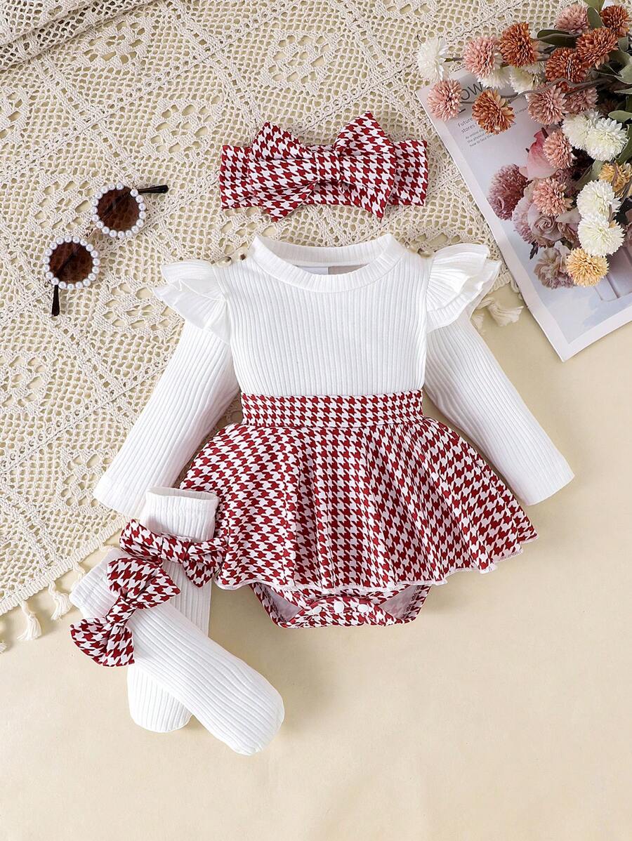 1pc Infant/Toddler Girls' Cute Long Sleeve Patchwork Ribbed Romper, Lightweight For Spring/Autumn - Red and White - View 1