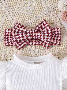 1pc Infant/Toddler Girls' Cute Long Sleeve Patchwork Ribbed Romper, Lightweight For Spring/Autumn - Red and White - View 3