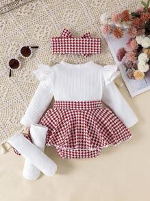 1pc Infant/Toddler Girls' Cute Long Sleeve Patchwork Ribbed Romper, Lightweight For Spring/Autumn - Red and White - View 2