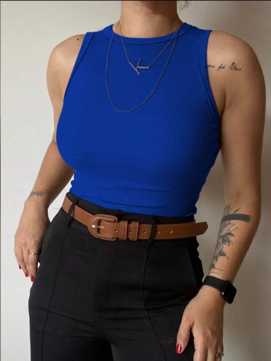 Women's Basic Ribbed Tank Top Ribana - أزرق غامق - مشاهدة 1