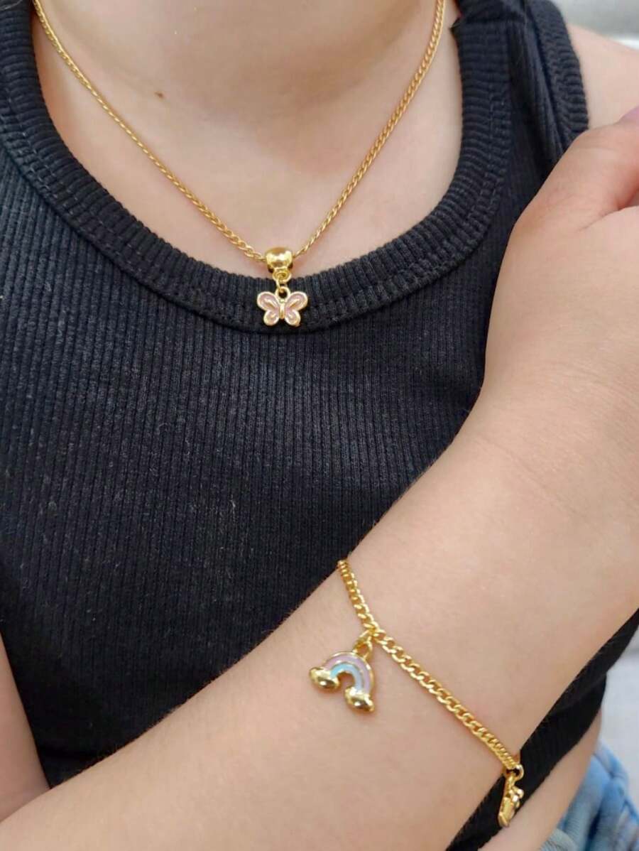 Children's Butterfly Necklace And Bracelet Set In Resin, Delicate Semi-Jewelry For Children