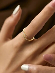 1 件 925 纯银简约几何线条方晶锆石开口戒指，适合日常佩戴和通勤 - 金黃色 - 查看 1