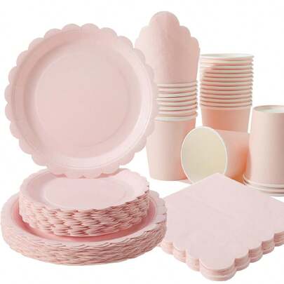 Bộ đĩa hoa hồng dùng một lần, khăn ăn và cốc dùng cho tiệc, phù hợp cho 25 khách, vật dụng tiệc đĩa giấy dùng một lần phù hợp cho sinh nhật, đám cưới, tiệc tùng và dã ngoại gia đình