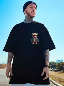 Plus Size Men's Casual Glasses Bear Graphic Print Short Sleeve T-Shirt - Black - View 2