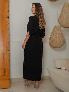 Long Viscose Shirt With Belt, Buttons, Adjustable 3/4 Sleeves 9838 - 黑色 - 查看 2
