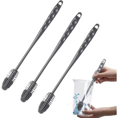 3-Piece Set Of Silicone Bottle Brush Cleaning Tool, Long Handle, Flexible Scratch Free Brush, Suitable For Sports Bottle Cleaning, Bottle Brush, Bottle, Roller, Bottle Brush, Cleaning Brush, Glasses, Water Tank (Gray) Back To School