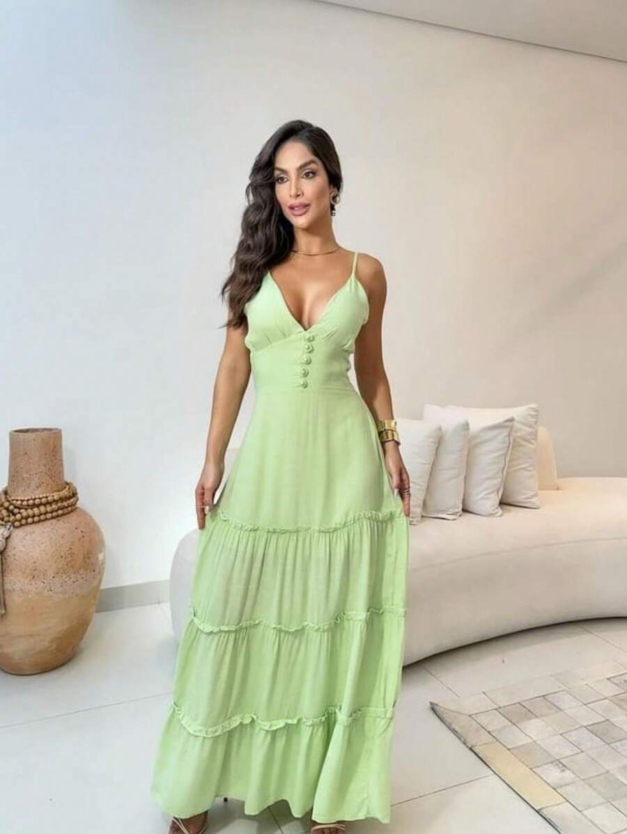 Manu Women's Long Dress With Buttons+Lining+Cup - màu xanh lá - Xem 1