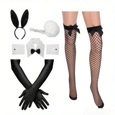 PESENAR Bunny Costume Set Including Bunny Ear Headband, Cuffs And Bunny Tail Accessory For Halloween Cosplay Par Prom