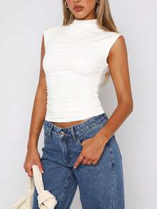 Top corto sexy del Y2K ajustado, de punto con cuello de tortuga medio y espalda descubierta, ropa de mujer de - Blanco - Ver 2