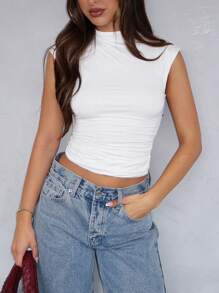 Top corto sexy del Y2K ajustado, de punto con cuello de tortuga medio y espalda descubierta, ropa de mujer de - Blanco - Ver 1