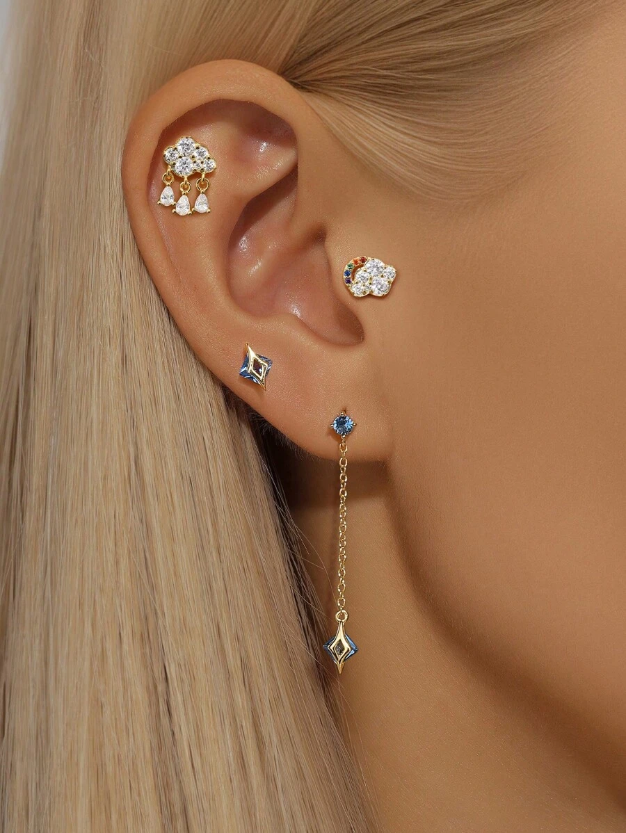 1Pair 925 Sterling Silver Plum Bossom Heart Four Leaf Clover Women Studs Cartilage Helix Piercing Fine Jewelry For Daily Wear Wedding Party Engagement Anniversary Valentine's Day - Gold - View 1